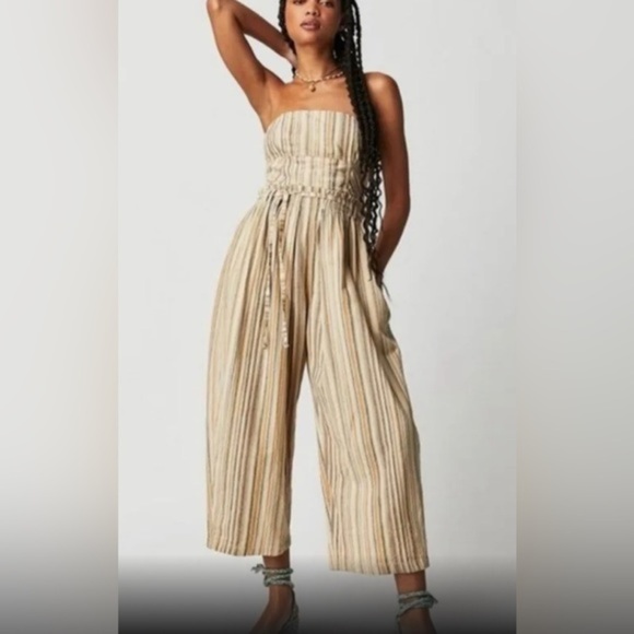 Free People stripe combo Roaming Shores beachy romper strapless jumpsuit size S - Picture 1 of 6